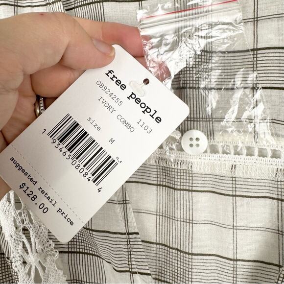 NWT Free People Time Out Lace Trim Plaid Puff Sleeve Trapeze Tunic Blouse Sz M - Picture 11 of 15